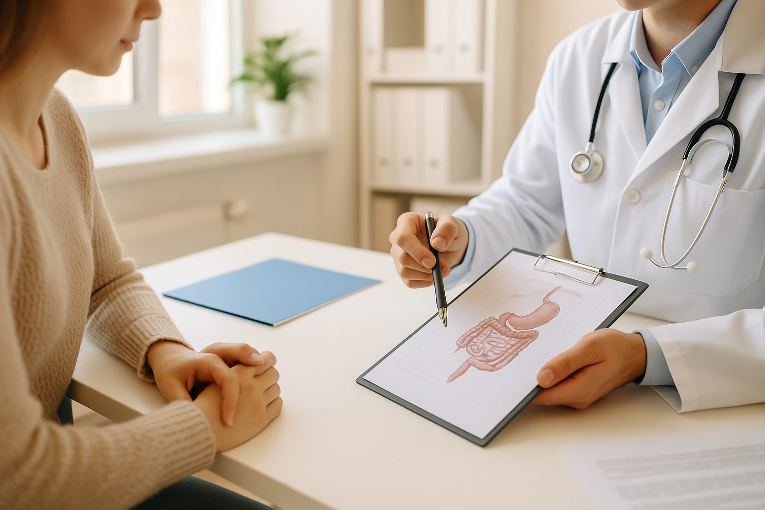 Arzt erklärt Patientin den Ablauf einer Magen- oder Darmspiegelung in Hamburg