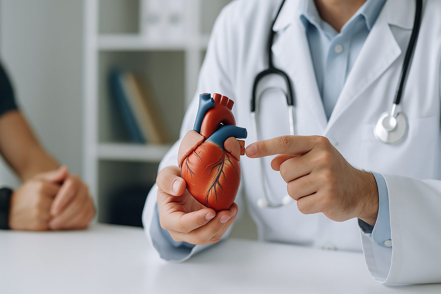 Arzt erklärt anhand eines Herzmodells die Präventivmedizin für Herz und Kreislauf