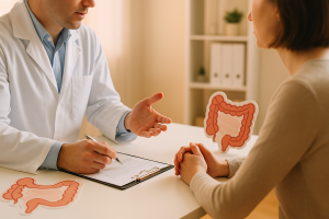 Arzt erklärt Patient in heller Praxis die Bedeutung der Darmkrebsvorsorge, Unterlagen auf dem Tisch, keine Gesichter sichtbar, Hamburg
