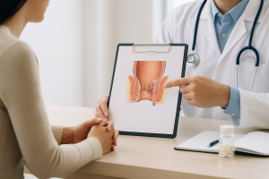 Arzt erklärt Untersuchung bei Hämorrhoiden und Blut im Stuhl in einer modernen Praxis in Hamburg