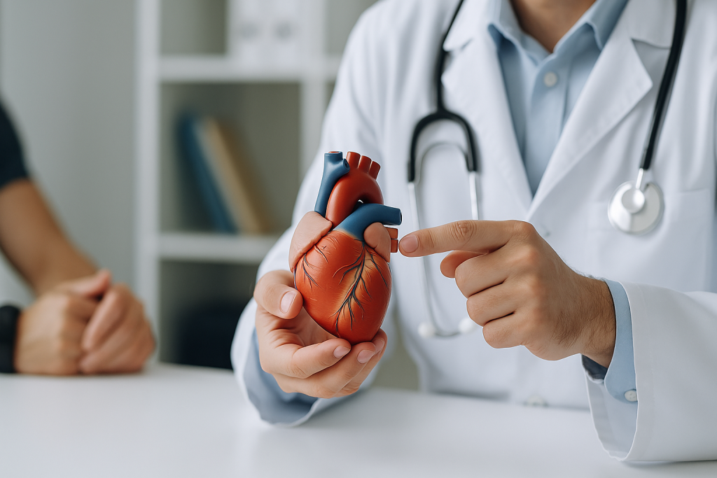 Arzt erklärt anhand eines Herzmodells die Präventivmedizin für Herz und Kreislauf