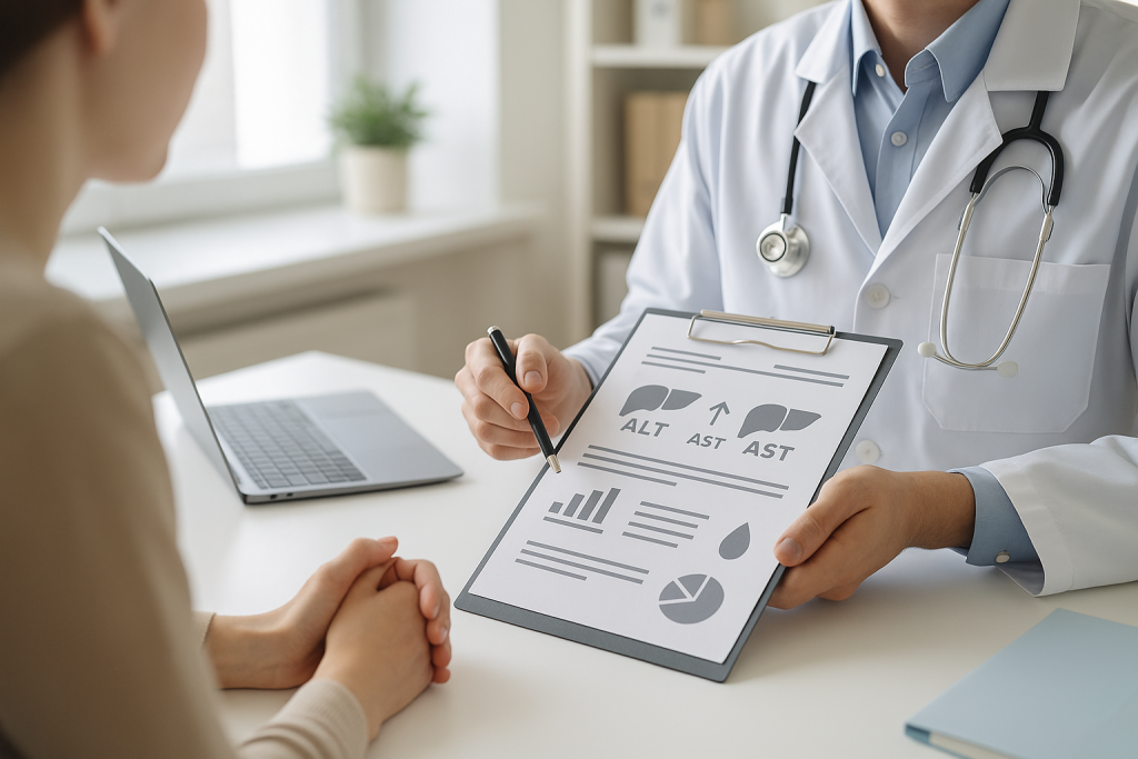 Arzt erklärt Patient Laborwerte anhand von Symbolen und Diagrammen in heller Praxis in Hamburg