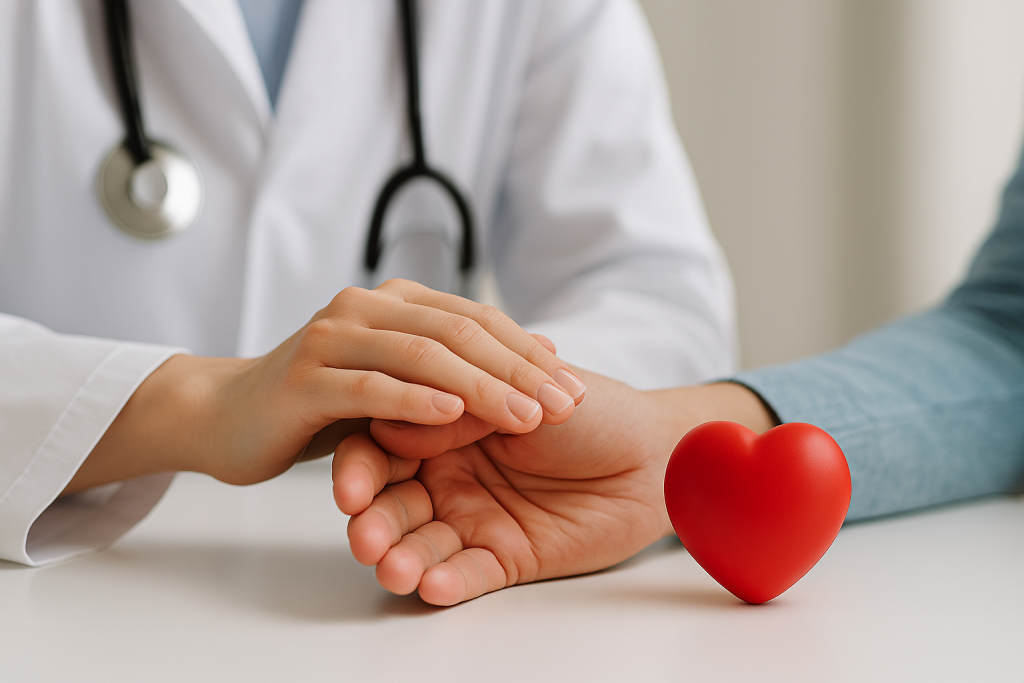 Arzt legt beruhigend die Hand auf die eines Patienten, Symbol für Psychokardiologie und die Verbindung von Herz und Psyche