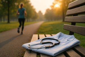 Jogger im Morgenlicht als Symbol für Präventivmedizin und Bewegung – im Vordergrund Arztkittel mit Stethoskop auf Parkbank